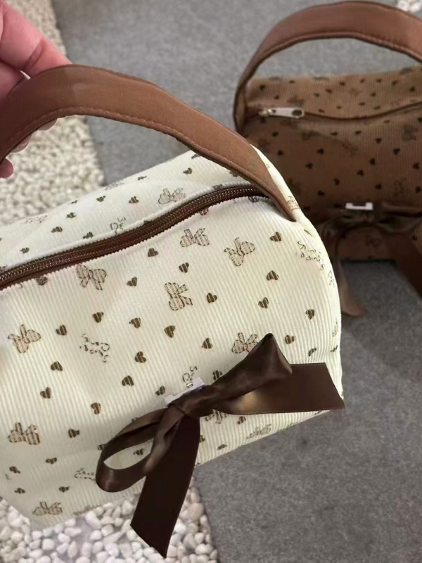 Geantă cosmetic corduroy cu funda și imprimeu geometric, căptușeală din poliester, capacitate extensibilă, pentru femei