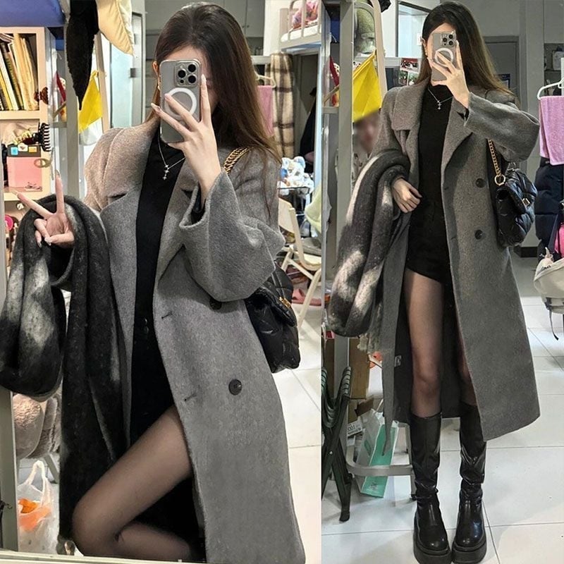 Női chenille kabát, középhosszú, japán–koreai lazító stílus, hosszú ujjú, zsebek és gombok, spandex tartalom alatt 30%