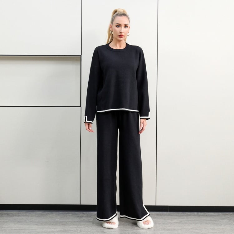 Плетен двучастен комплект от модална основна прежда, топ с дълги ръкави и панталони с висока талия и прави широки крачоли – зима 2025