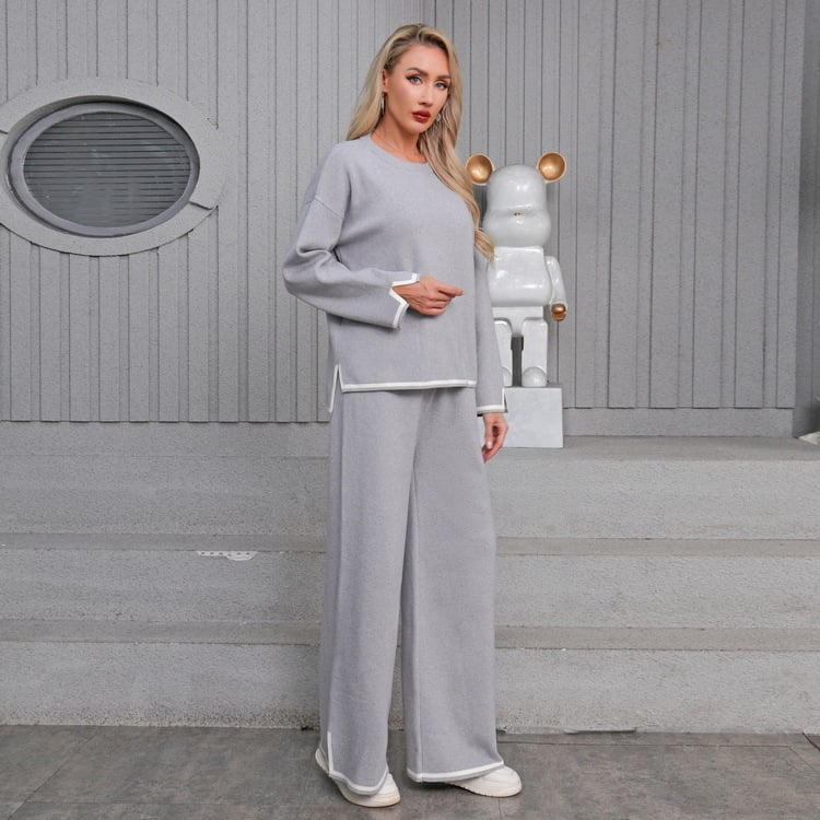 Плетен двучастен комплект от модална основна прежда, топ с дълги ръкави и панталони с висока талия и прави широки крачоли – зима 2025