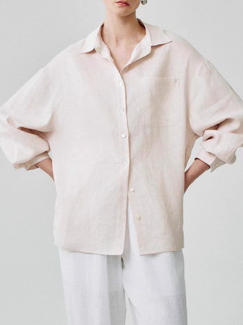 Női lenvászon ing, laza szabású, hosszú ujjú, gallér, egysoros gombolás, mindennapi stílus