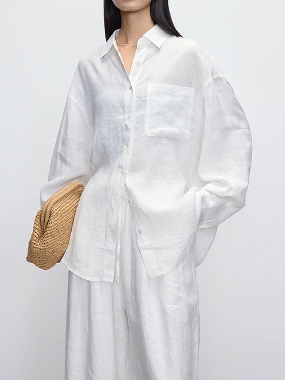 Női lenvászon ing, laza szabású, hosszú ujjú, gallér, egysoros gombolás, mindennapi stílus