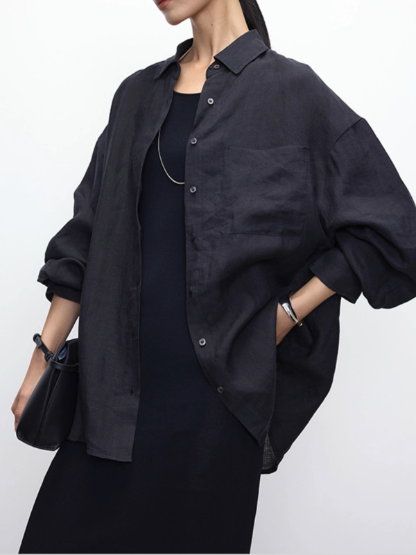 Női lenvászon ing, laza szabású, hosszú ujjú, gallér, egysoros gombolás, mindennapi stílus