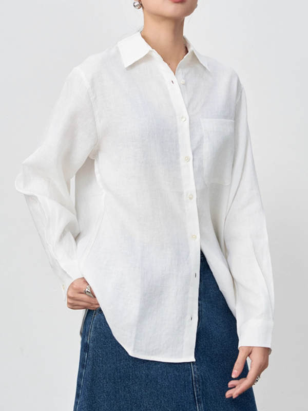 Női lenvászon ing, laza szabású, hosszú ujjú, gallér, egysoros gombolás, mindennapi stílus