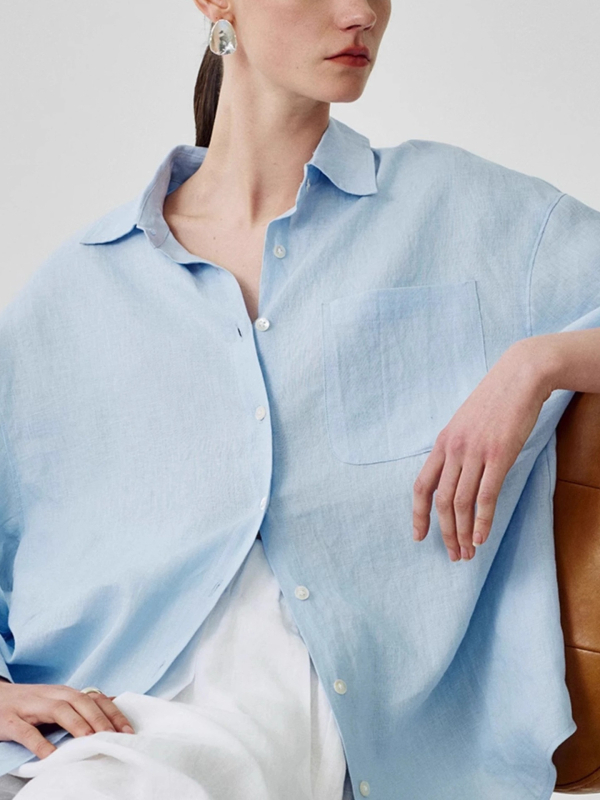 Női lenvászon ing, laza szabású, hosszú ujjú, gallér, egysoros gombolás, mindennapi stílus