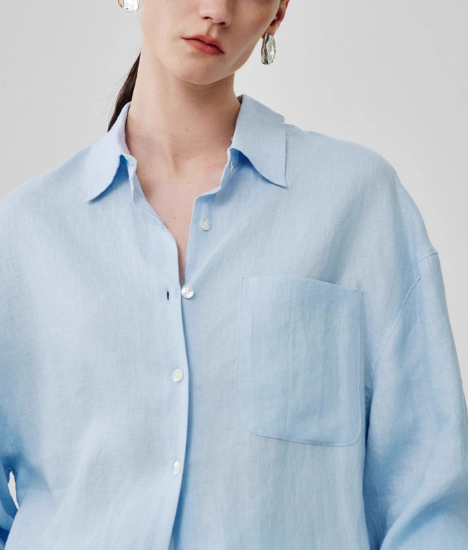 Női lenvászon ing, laza szabású, hosszú ujjú, gallér, egysoros gombolás, mindennapi stílus
