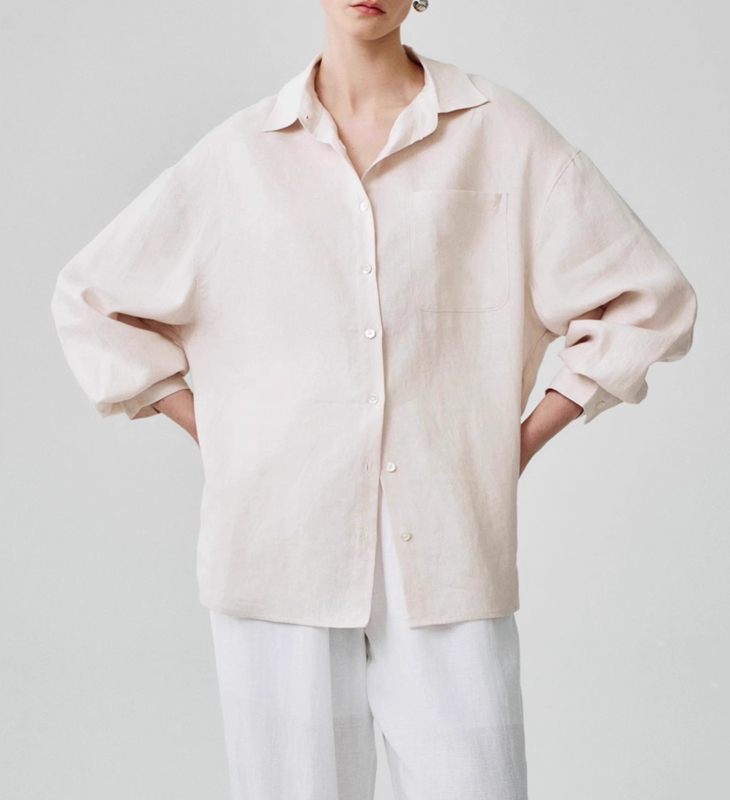 Női lenvászon ing, laza szabású, hosszú ujjú, gallér, egysoros gombolás, mindennapi stílus