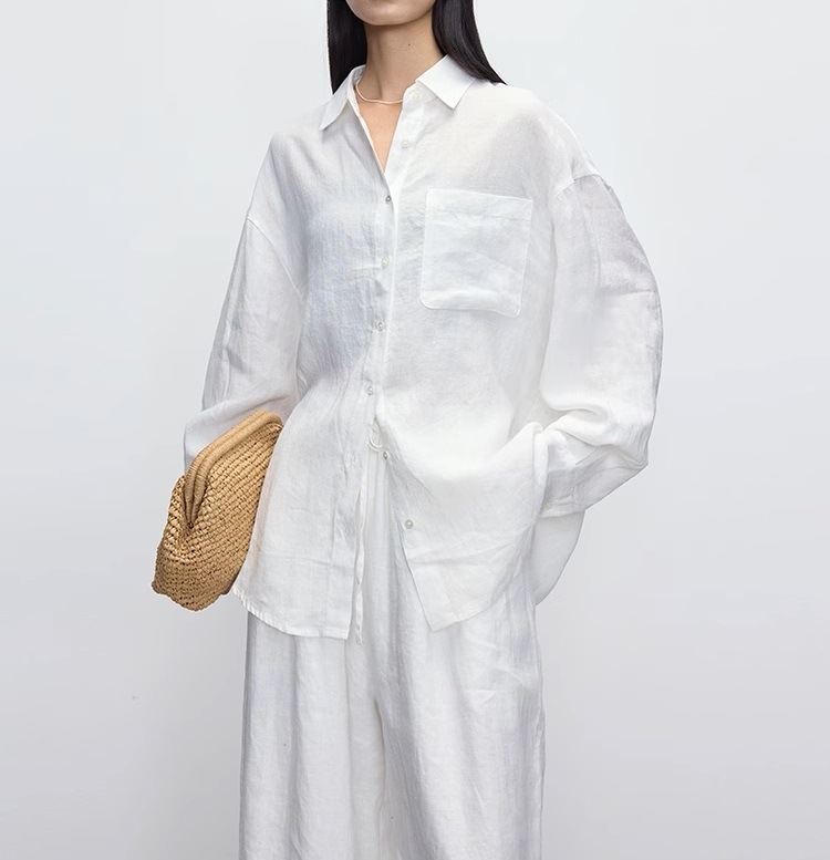 Női lenvászon ing, laza szabású, hosszú ujjú, gallér, egysoros gombolás, mindennapi stílus