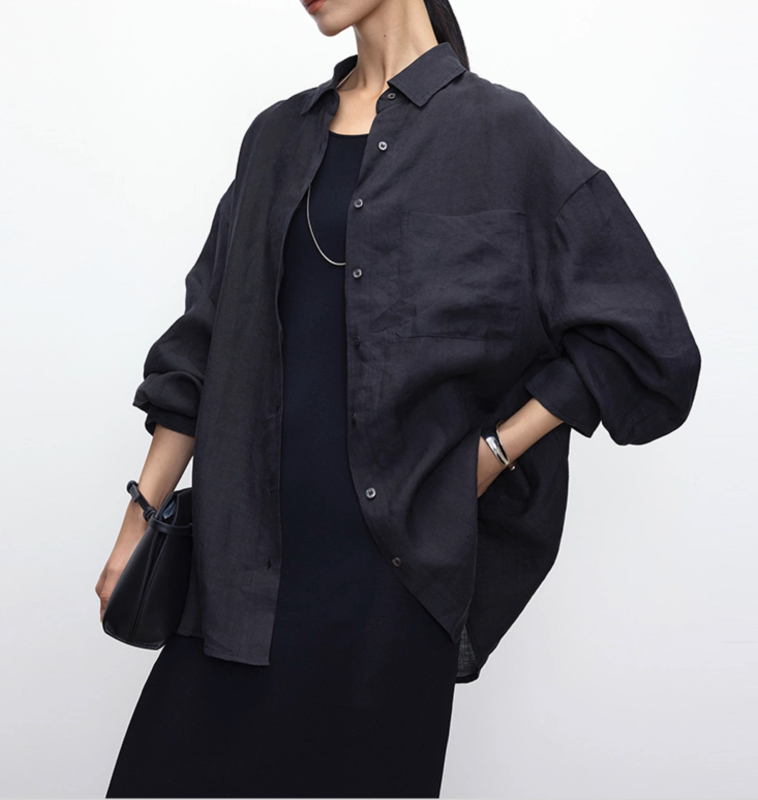 Női lenvászon ing, laza szabású, hosszú ujjú, gallér, egysoros gombolás, mindennapi stílus
