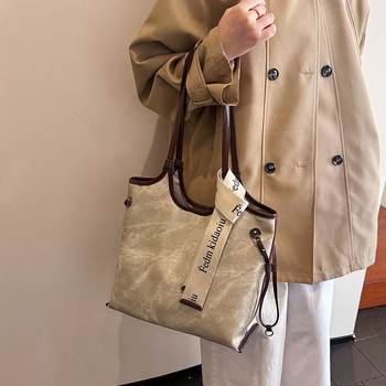 Geantă Tote pentru femei - PU, închidere cu fermoar, formă orizontală pătrată, buzunar interior cu fermoar, bretele de umăr duble