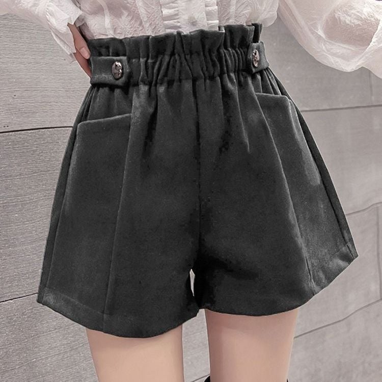 Pantaloni largi din lână, talie elastică, lungime 3/4, buzunare