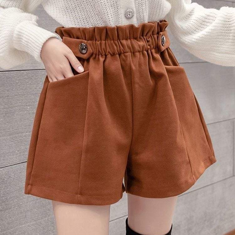 Pantaloni largi din lână, talie elastică, lungime 3/4, buzunare