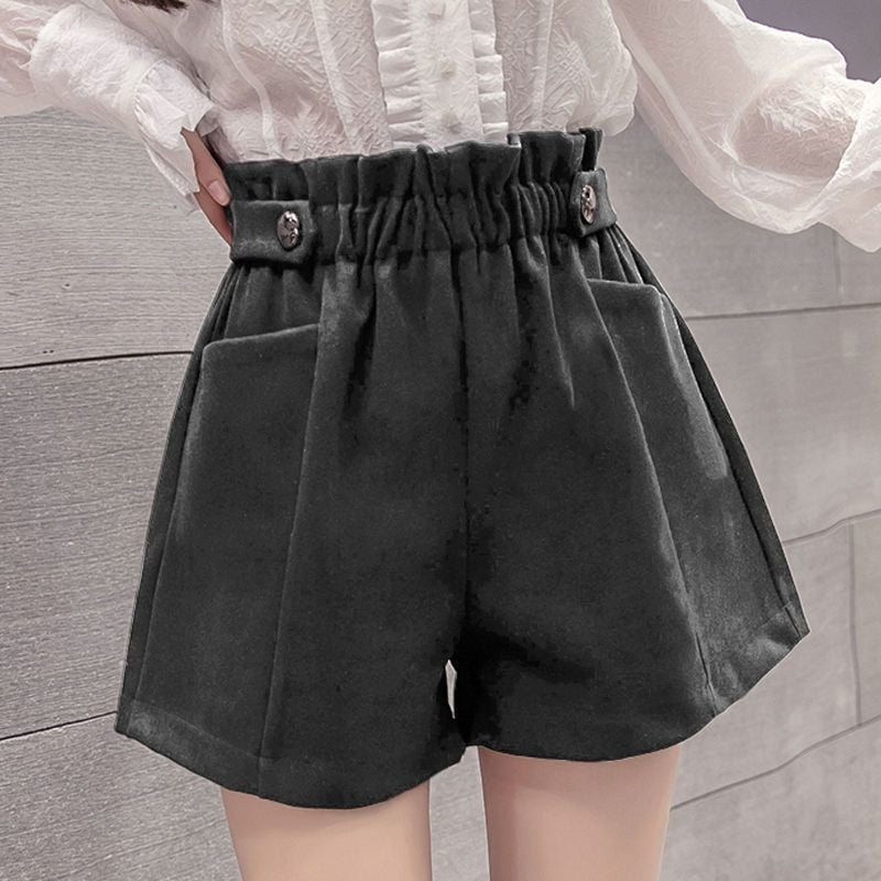 Pantaloni largi din lână, talie elastică, lungime 3/4, buzunare