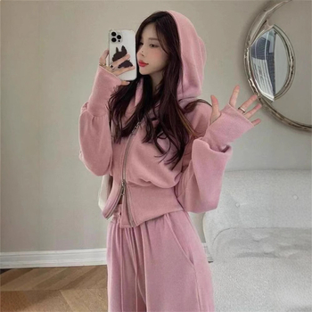 Дамски двучастов костюм: горнище с цип и широки панталони, полиестер-еластанова смес, дизайн колаж/сплайсинг, офисно-ежедневен стил