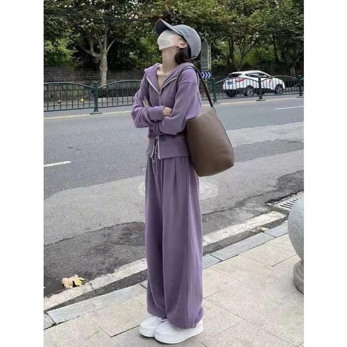 Дамски двучастов костюм: горнище с цип и широки панталони, полиестер-еластанова смес, дизайн колаж/сплайсинг, офисно-ежедневен стил