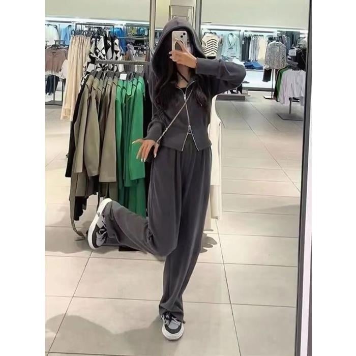 Дамски двучастов костюм: горнище с цип и широки панталони, полиестер-еластанова смес, дизайн колаж/сплайсинг, офисно-ежедневен стил