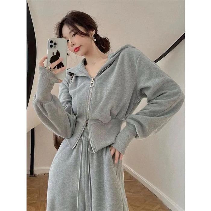 Дамски двучастов костюм: горнище с цип и широки панталони, полиестер-еластанова смес, дизайн колаж/сплайсинг, офисно-ежедневен стил