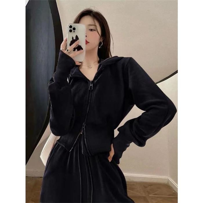 Дамски двучастов костюм: горнище с цип и широки панталони, полиестер-еластанова смес, дизайн колаж/сплайсинг, офисно-ежедневен стил