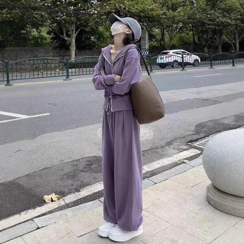 Дамски двучастов костюм: горнище с цип и широки панталони, полиестер-еластанова смес, дизайн колаж/сплайсинг, офисно-ежедневен стил