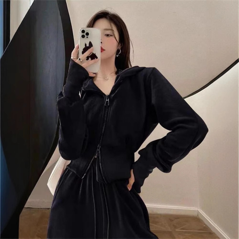 Дамски двучастов костюм: горнище с цип и широки панталони, полиестер-еластанова смес, дизайн колаж/сплайсинг, офисно-ежедневен стил