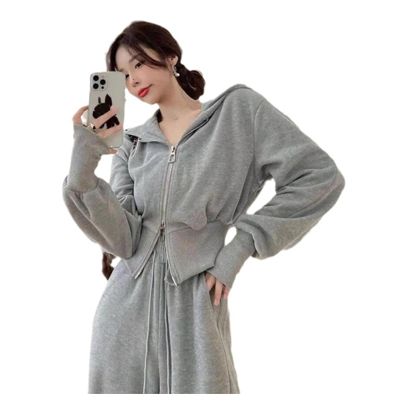 Дамски двучастов костюм: горнище с цип и широки панталони, полиестер-еластанова смес, дизайн колаж/сплайсинг, офисно-ежедневен стил