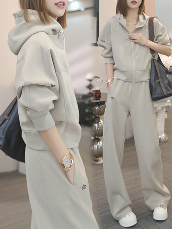 Дамски двучастков спортно-елегантен комплект: суитшърт топ и широки панталони, памук-еластанова смес (50–70% памук, <30% еластан), есен 2025