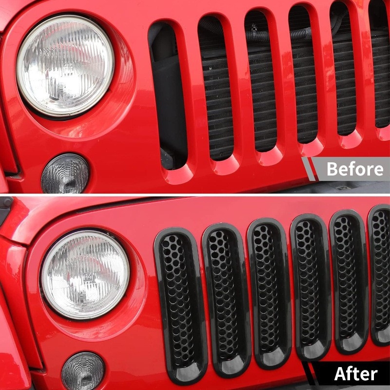 Grilă centrală pentru Wrangler 07-17, inserție plasă ABS, montaj la bara, dimensiuni 35.5×10×10, greutate 0.6 kg, brand RYANSTAR RACING