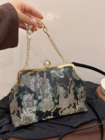 Geantă de seară brodată, formă scoică, închidere cu lacăt, buzunare pentru telefon și documente, Lansare iarnă 2025