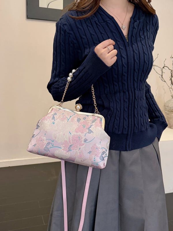 Geantă de seară brodată, formă scoică, închidere cu lacăt, buzunare pentru telefon și documente, Lansare iarnă 2025