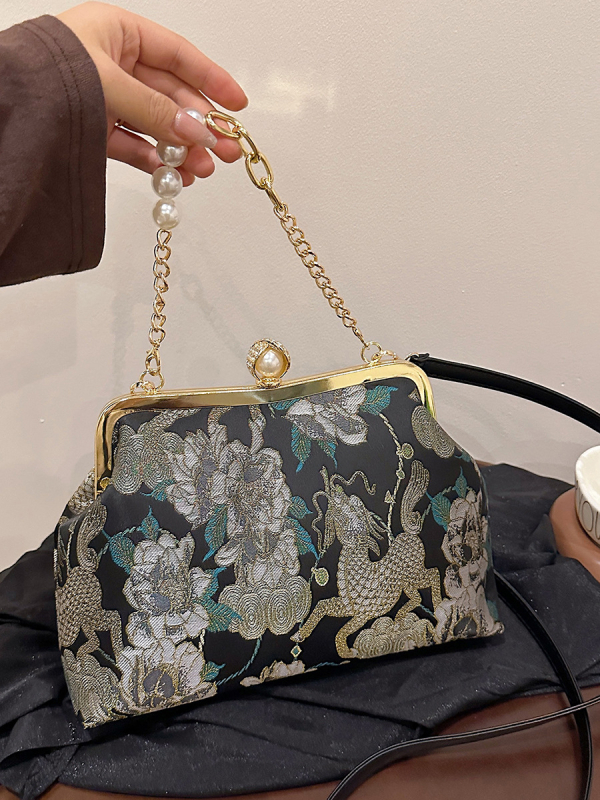 Geantă de seară brodată, formă scoică, închidere cu lacăt, buzunare pentru telefon și documente, Lansare iarnă 2025