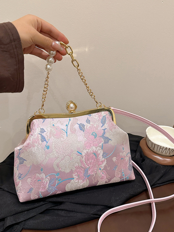 Geantă de seară brodată, formă scoică, închidere cu lacăt, buzunare pentru telefon și documente, Lansare iarnă 2025