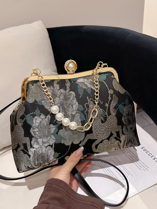 Geantă de seară brodată, formă scoică, închidere cu lacăt, buzunare pentru telefon și documente, Lansare iarnă 2025