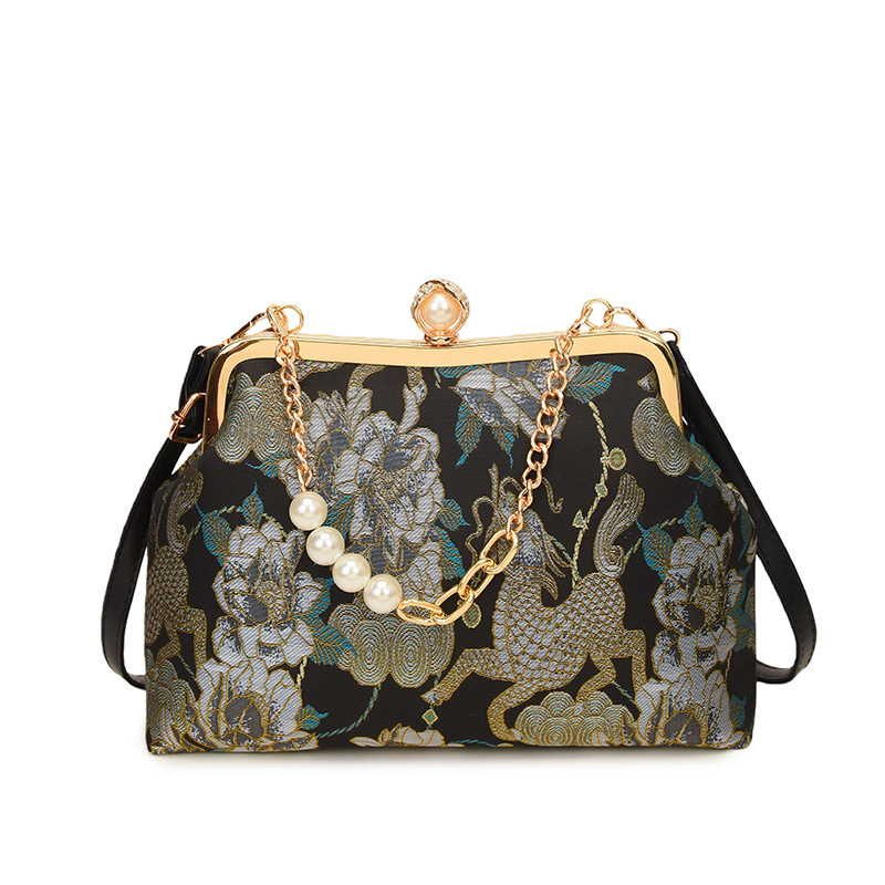 Geantă de seară brodată, formă scoică, închidere cu lacăt, buzunare pentru telefon și documente, Lansare iarnă 2025