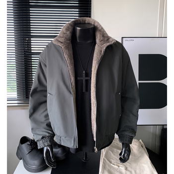 Pánska obojstranná bunda s vzorom rybej kosti, kapucňa, fleecová podšívka, zips, polyesterový materiál, zimné oblečenie