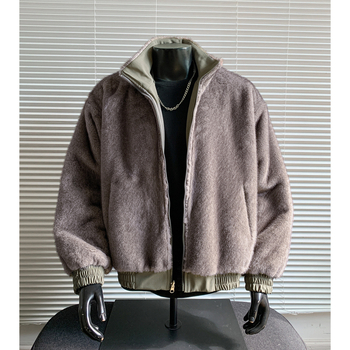 Pánska obojstranná bunda s vzorom rybej kosti, kapucňa, fleecová podšívka, zips, polyesterový materiál, zimné oblečenie