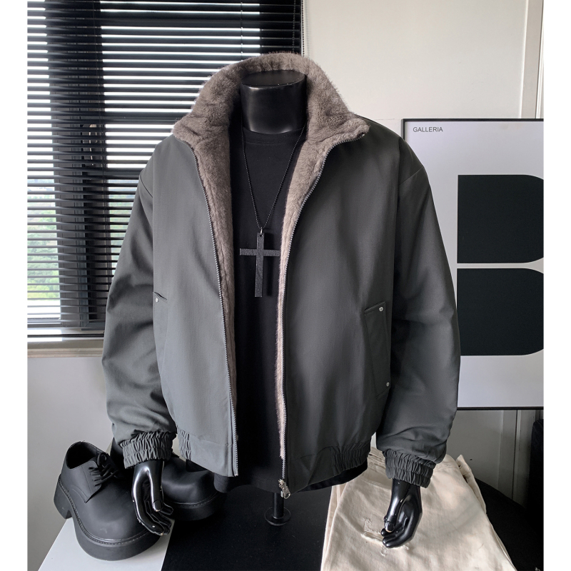 Pánska obojstranná bunda s vzorom rybej kosti, kapucňa, fleecová podšívka, zips, polyesterový materiál, zimné oblečenie