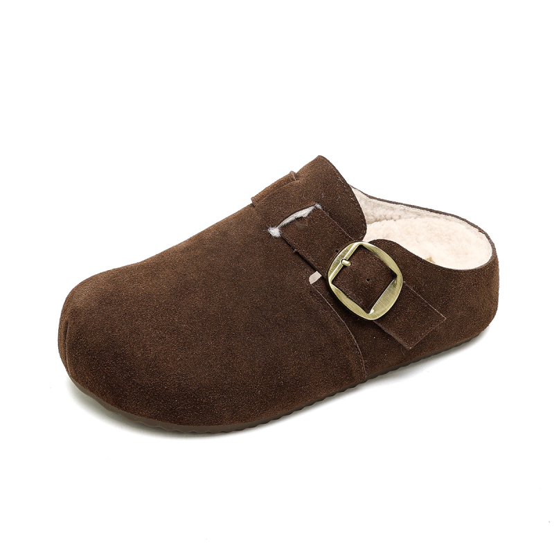 Tehénbőr Baotou slip-on papucs, magasságot növelő talpbetéttel, plüss béléssel, kerek orrú, gumitalp - Téli 2025
