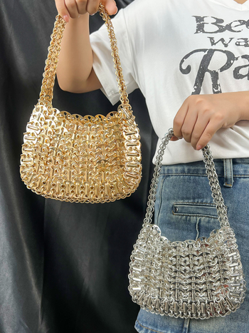 Shanggu Geantă de umăr în stil street, din metal, țesută, formă de pernă, cu paiete, compartimente interne pentru telefon și documente, vară 2025