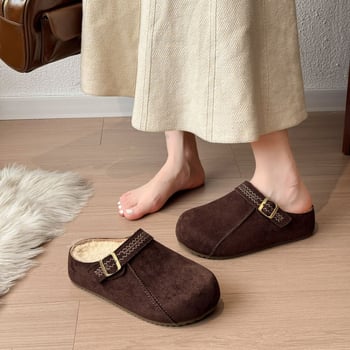 Női Birkenstock-stílusú vastag talpú slip-on cipő, plüss felsőrésszel, belső magasságnövelés, gumírozott talp, kerek orr