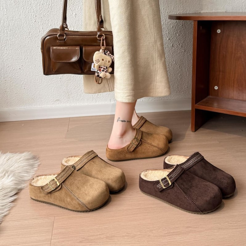 Női Birkenstock-stílusú vastag talpú slip-on cipő, plüss felsőrésszel, belső magasságnövelés, gumírozott talp, kerek orr