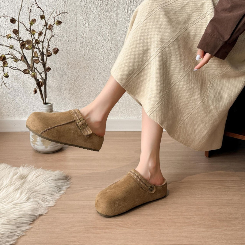 Női Birkenstock-stílusú vastag talpú slip-on cipő, plüss felsőrésszel, belső magasságnövelés, gumírozott talp, kerek orr