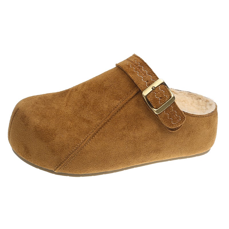 Női Birkenstock-stílusú vastag talpú slip-on cipő, plüss felsőrésszel, belső magasságnövelés, gumírozott talp, kerek orr