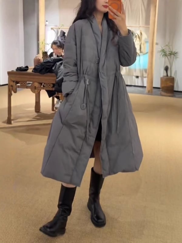 Kongmi dlhý dámsky pérový kabát v literárno-retrom štýle, A-strih, nylonový materiál, 86–90% peria, 101–200 g výplň, bez goliera, Zima 2024