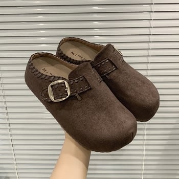 Női Birkenstock-stílusú slip-on vastag talppal, zárt orral, flanel felsőrész, belső műszőrme, gumitalp.