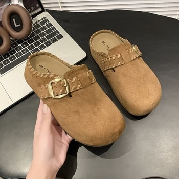 Női Birkenstock-stílusú slip-on vastag talppal, zárt orral, flanel felsőrész, belső műszőrme, gumitalp.