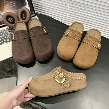 Női Birkenstock-stílusú slip-on vastag talppal, zárt orral, flanel felsőrész, belső műszőrme, gumitalp.
