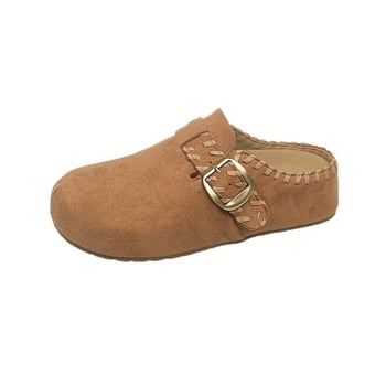 Női Birkenstock-stílusú slip-on vastag talppal, zárt orral, flanel felsőrész, belső műszőrme, gumitalp.