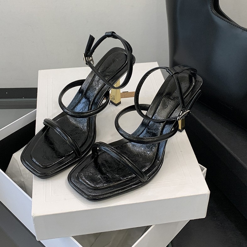 Sieviešu sandales ar kvadrātveida purnu, siksna ar vienu sprādzi, 6–8 cm augstas papēžos, PU augšpuse, gumijas zole