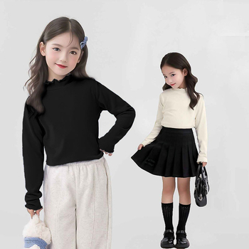 Vaikų terminis bazinis marškinėlis mergaitėms su raukšlėmis kraštuose ir aukštu kaklu, 95% poliesteris, minkšta apdaila, pavasario ir rudens sezonui, amžius 3–8 metų.