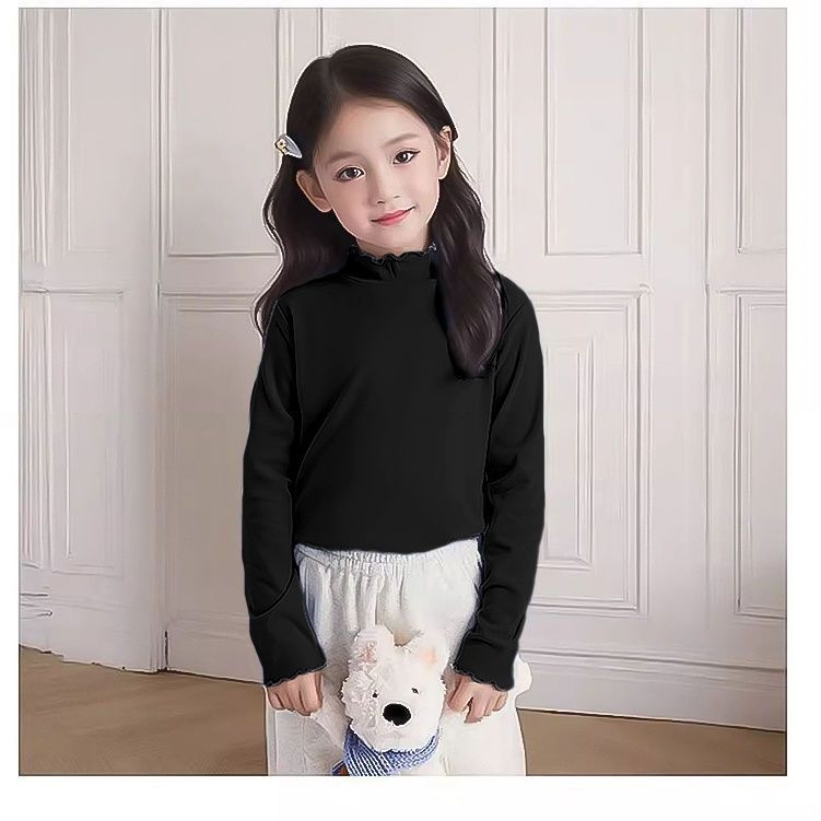 Vaikų terminis bazinis marškinėlis mergaitėms su raukšlėmis kraštuose ir aukštu kaklu, 95% poliesteris, minkšta apdaila, pavasario ir rudens sezonui, amžius 3–8 metų.